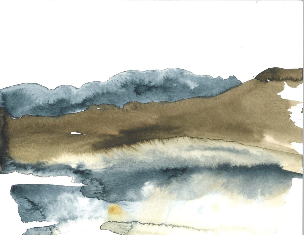 blue gray and brown landscape in watercolor